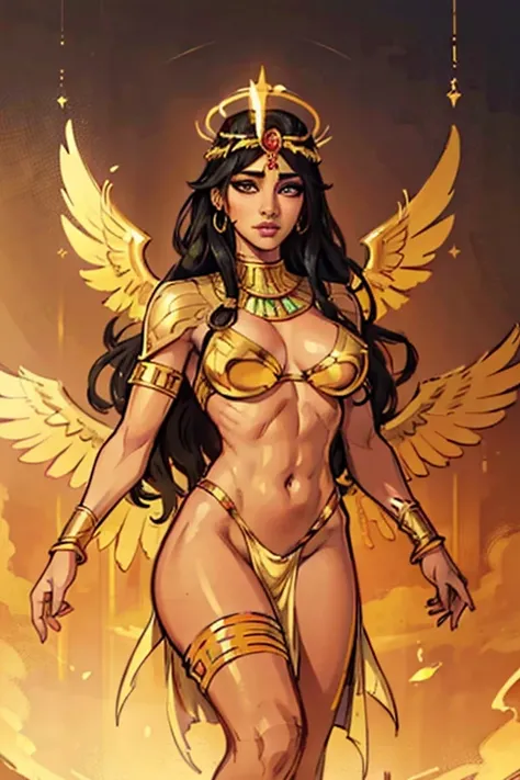 (best quality,4k,8k,highres,masterpiece:1.2),ultra-detailed,(realistic,photorealistic,photo-realistic:1.37),goddess Isis,beautiful young women,emerald brown eyes,dark black wavy hair,egyptian queen,serene expression,majestic wings,feathers shining with iri...