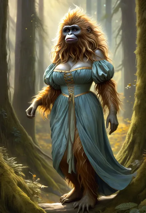 Brian Froud Inspired Female Sasquatch With A Sophisticated Persona, Wearing A Dickensian Folmal Dress. Sweetness, Sunshine, Happiness, Love, Hope, Virtue. Full Body Pose. Wholesome Look, Exudes An Innocent Grace. Official Art, Award Winning Digital Paintin...