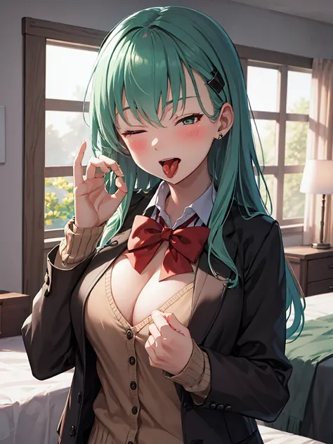 suzuya_kantaicollection, long_hair, hair_ornament, aqua_hair, hairclip, blush, breasts, smile, aqua_eyes, green_eyes, hair_between_eyes, large_breasts, green_hair, blazer, bow, bowtie, (brown_jacket), cardigan, jacket, looking_at_viewer, red_bow, school_un...