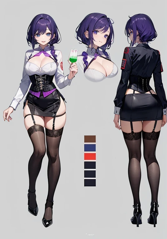 Purple Hair,Shortcuts,Adult female,(((bartender))),((Body Harness)),((Roll up your sleevesＹshirt)),(corset),(Tight Skirt),((garter belt)),High heels,((Simple Background)),smile,((whole body)),((whole body)),Character Sheet,