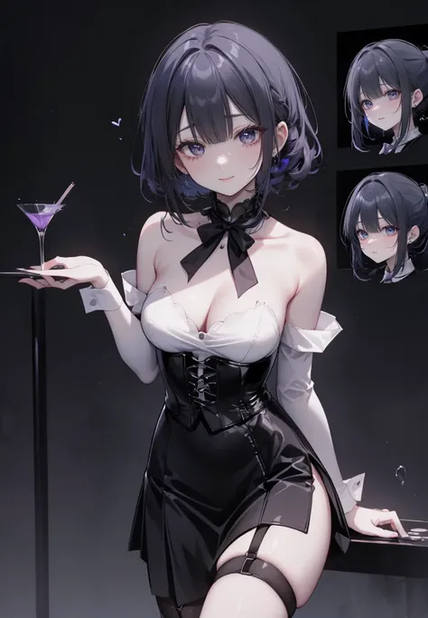 Purple Hair,Shortcuts,Adult female,(((bartender))),((Body Harness)),((Roll up your sleevesＹshirt)),(corset),(Tight Skirt),((garter belt)),High heels,((Simple Background)),smile,((whole body)),((whole body)),Character Sheet,