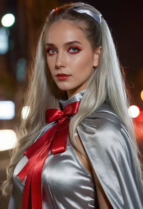 (RAW Photo) , (highly detailed:1.20) , ultra realistic :1.10) ,sexy girl in her 20s , (perfect face:1.20) , (detailed red eyes:1.20) , with long silver hair in ponytail , (((long silver satin cape tied at the neck with a ribbon :1.20))) , naked  , full bod...