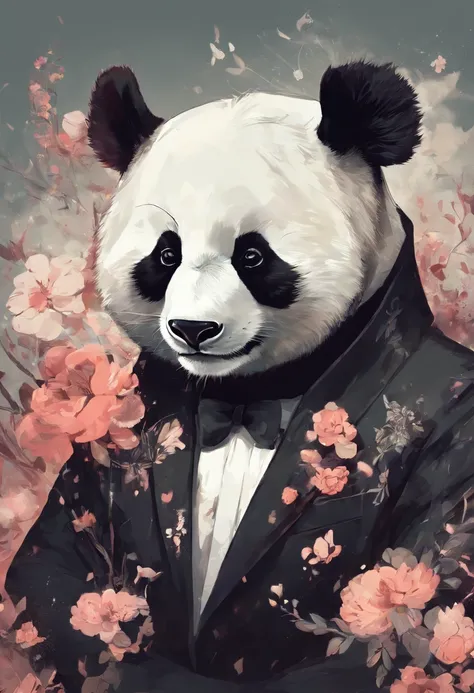 anthropomorphic panda, de cuerpo entero, vestido formalmente con un blazer, sostiene una bandeja, pegatina de panda, sticker de panda.