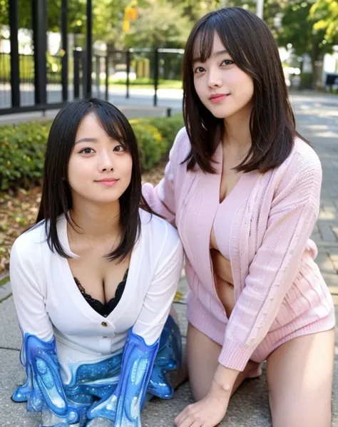 two girls，Embrace，knitted sweater jacket，（Big boobs：1.2），cleveage，穿Black underwear，black slime shapeshifter，looking at the audience，Smile， Black underwear、cleveage，Long hair ,Pretty Face，cute appearance，confident girl,Slime with melted lower body,In the pa...