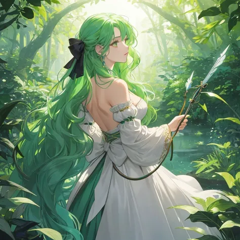 The new girl emerges in the scene, her unique allure captivating the onlookers attention. Her long, vibrant green hair cascades down her back in soft waves, its luminous hue reminiscent of the lush foliage of a medieval European forest. Her complexion is s...