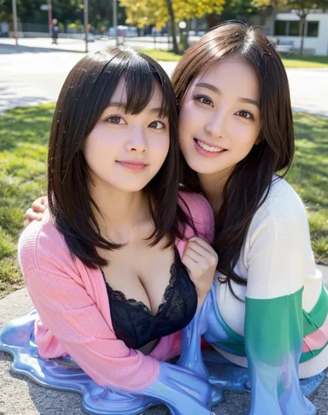 two girls，Embrace，knitted sweater jacket，（Big boobs：1.2），cleveage，穿Black underwear，black slime shapeshifter，looking at the audience，Smile， Black underwear、cleveage，Long hair ,Pretty Face，cute appearance，confident girl,Slime with melted lower body,In the pa...