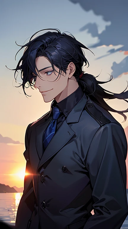 (highest quality,High resolution,masterpiece:1.2),Abstract,Masculine,Navy Blue Hair,Loose low ponytail,Tie your hair at the nape,Dark blue eyes,coat,,Dark blue gaze,Calm,quiet,A kind smile,Coast at dawn,