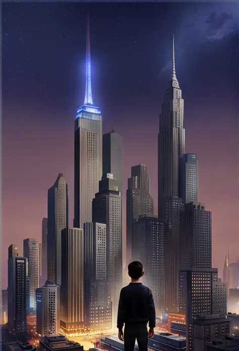 In a bustling cyberpunk city, as night falls, electronic screens flicker throughout every home and futuristic skyscrapers and streets become uniquely illuminated. In the midst of this dazzling scenery, a man looks up at the starry sky . todo lleno de imagi...