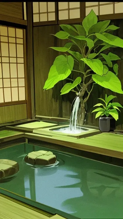 Noite,Casa de banho,japanese style, plantas verdes, anime