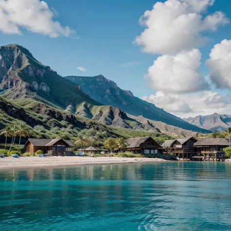 Blue sky, black sand, teal blue ocean, mountains, beach house, palm trees, best quality, high definition 