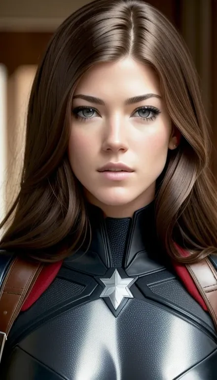 (obra de arte), (melhor qualidade), (fotorrealista:1.3), 8k, textura detalhada da pele, Textura detalhada de tecido, lindo rosto detalhado, detalhes intrincados, ultra detalhado, Jennifer Carpenter, Black Widow in the style of Captain America, cabelo preto...