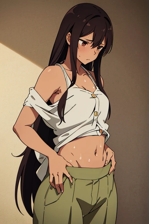 (masterpiece, top quality, best quality), brown skin anime girl wearing a button up cami top and trousers, famished in hunger, (gently resting hands on stomach), (sweating), (long hair), (hands on her stomach)