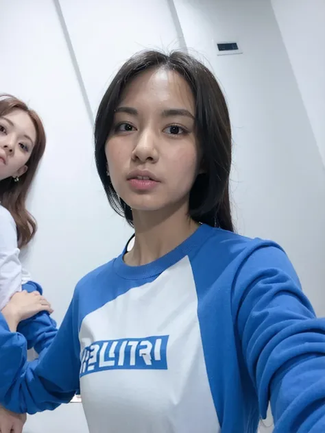 best quality, ultra high res, (photorealistic:1.4), 1girl, a woman and a blue and white long sleeve tshirt, looking at the camera, pokerface , solo focus, ((selfie, arms at the side)), looking at viewer,(ulzzang-6500-v1.1:0.2)