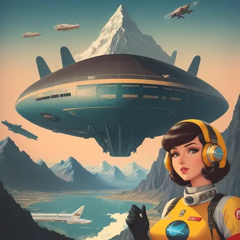 there are two pictures of a train and a plane flying over a mountain, retro futuristic illustration, retro futurism art, retro futurism, komatsuzaki retro-futurism, retro - futurism, retro-futurism, retro futurism style, poster illustration, retro sci - fi...