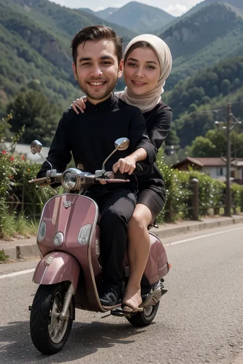 Caricature image of big heads of a boy and girl in Muslim clothing riding a Vespa in the mountains