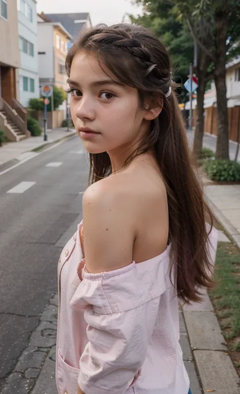 Masterpiece, white skin, textured skin, super detail, high details, high quality, 8k, nice pose, road night background, dark shadow, less light, nature light, side lighting to face beautifull ((14 years old girl)) A pink jacket, cute girl, beautiful girl, ...