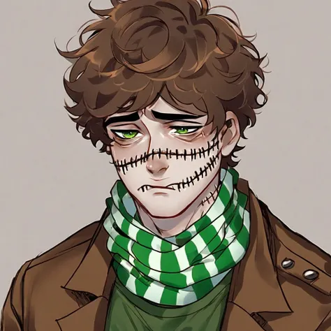 man, short brown hair, scarred face, stitches, striped scarf, green shirt, brown coat, half body, sad