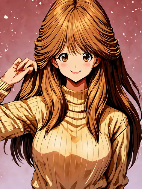 1girl, solo, looking at viewer, smile, brown hair, long sleeves, brown eyes, upper body, hand up, medium hair, sweater