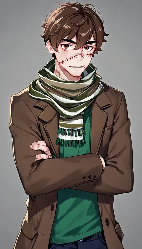 man, short brown hair, scarred face, stitches, striped scarf, green shirt, brown coat, full , body