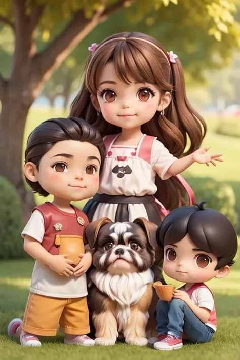 cartoon of a girl with light brown hair and 2 boys with black hair, todos sonriendo y jugando con su perro Shih Tzu color cafe claro