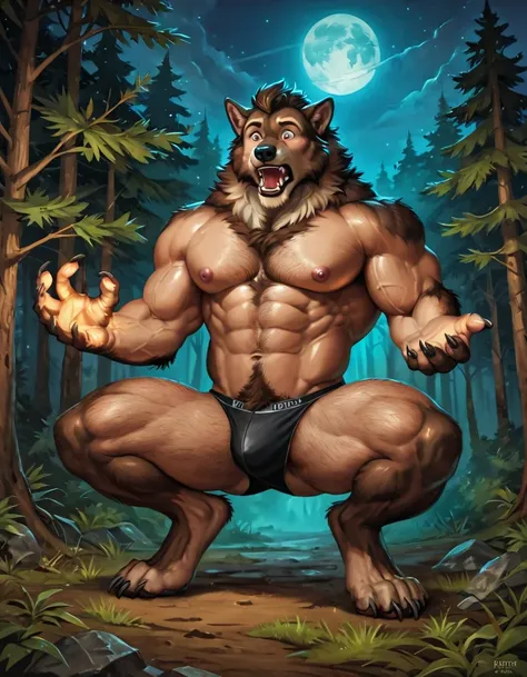 score_9, score_8_up, score_7_up, score_6_up, score_5_up, score_4_up, (solo), male werewolf mid transformation, solo, masterpiece, best art, black underwear, detailed hands, forest, shocked expression, transformation, night, moon, looking at hands, crouchin...