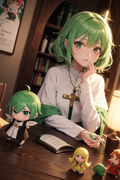 GUMI, (stocky: 1.2), anime, Gospel, Tengu, messy short hair, fortune teller, clear, green hair, Angelic French doll, (Priest: 1.2), poncho