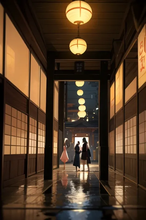 a painting of a couple standing on a bridge in front of a building, cidades chinesas de sonho, city of japan, cidade japonesa, e...