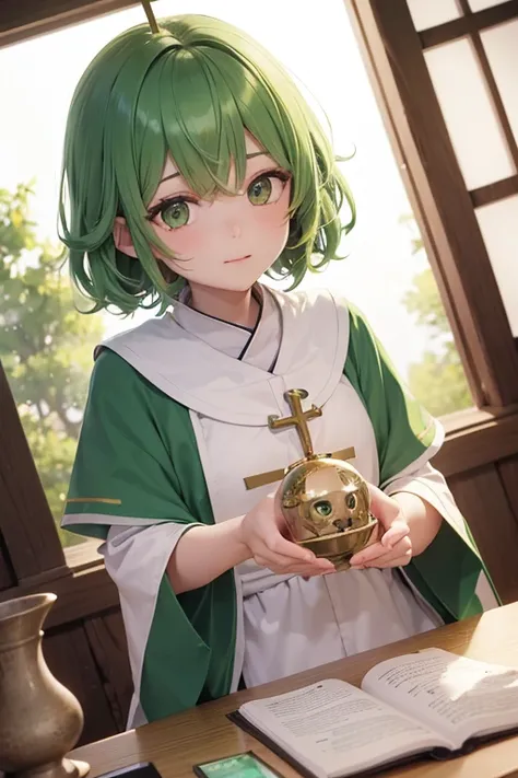 (GUMI: 0.8), (stocky: 1.2), anime, Gospel, Tengu, messy short hair, fortune teller, clear, green hair, Angelic French doll, (Priest: 1.2), poncho