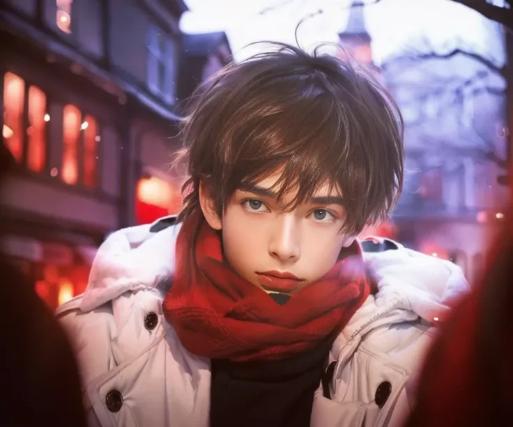 boy in winter clothes with red scarf and white jacket,handsome boy pose, young man,with brown glowing eyes, artwork in the style of guweiz,long hair,gray hair with a little braid, with a black and brown headband on his head 