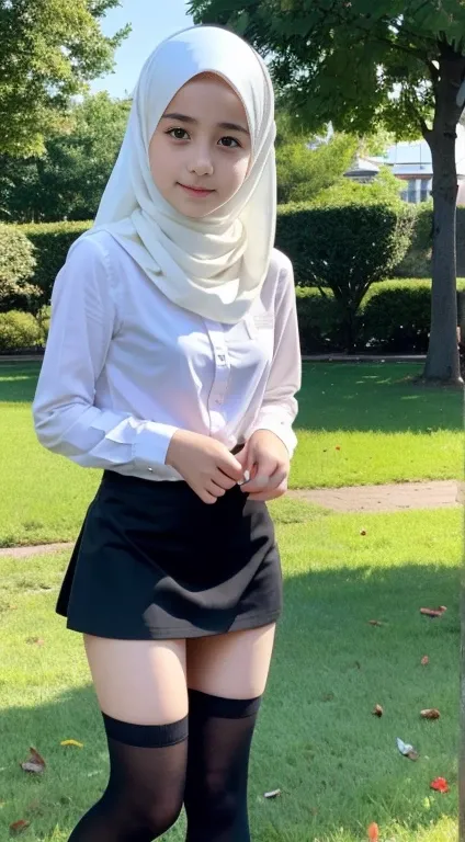 12 year old turkish girl wearing hijab, white shirt, black loose mini skirt, long white socks in the park