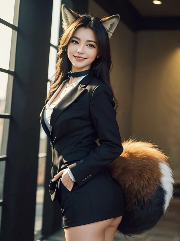 ((highest quality, 32k)), ((masterpiece)), (Get used to it), Perfect Face, Fox Girl, Beautiful woman, public, Has a tail, She has a fox tail, She wags her fluffy tail, smile, collar, She wears a business suit, Beautiful hip line, A tail sticking out from a...