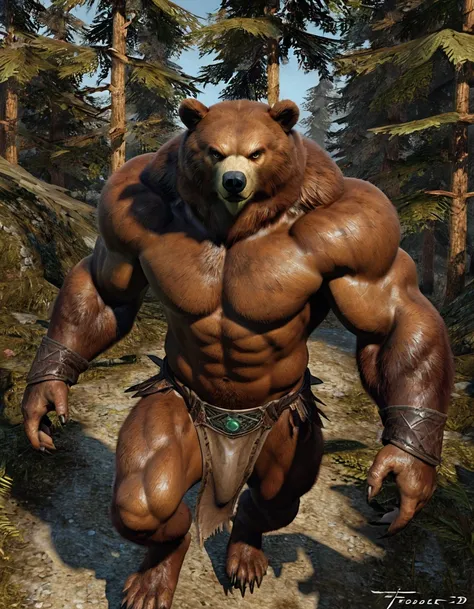 Videogame screenshot, (solo), angry muscular male anthro bear, skimpy clothing, looking at viewer, detailed background, loincloth, masculine pose, abs, pecs, beak, by taran fiddler, 3d render, prowling