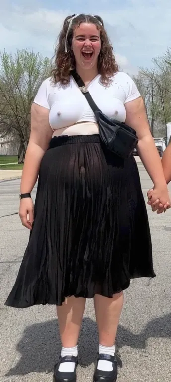 there are two women standing in a parking lot holding hands, wearing nothing, she has a jiggly fat round belly, taken in the early 2020s, taken in the late 2010s, very accurate photo, wearing a bikini, 30 years old woman, 3 0 years old woman, wearing nothi...