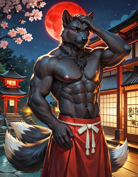 score_9, score_8_up, score_7_up, score_6_up, score_5_up, score_4_up, (solo), male anthro black kitsuner, solo, masterpiece, best art, detailed hands, japanese garden, night, red moon, muscular, body hair, skirt, topless, black fur, multiple tails, lustful ...