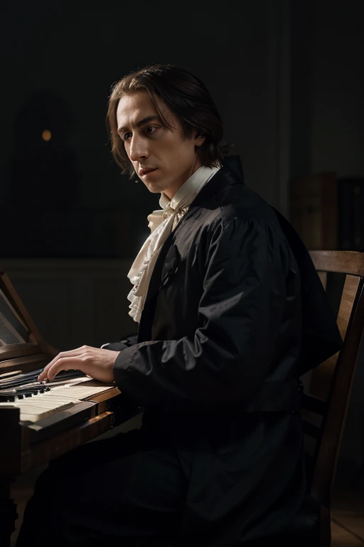 A mesmerizing, realistic portrait of the legendary Frederic Chopin , retratado com detalhes requintados contra um pano de fundo neutro. The image captures a moody atmosphere with photorealistic precision, Featuring Frederic Chopin in his ghostly toga. Ever...