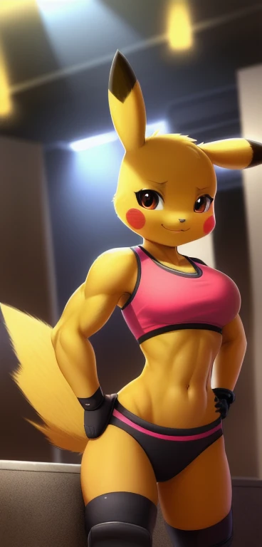 Pikachu, (((masterpiece))), ((a high resolution)), ((Detailed portrait)), ((I look at the viewer)), long yellow pointed ears, (yellow Pikachu ears with black tips), Brown clear eyes, corpus luteum, Athletic female body (six pack), yellow lightning tail wit...