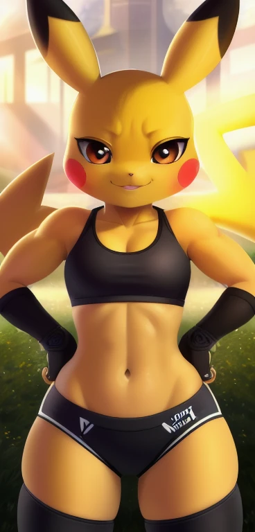 Pikachu, (((masterpiece))), ((a high resolution)), ((Detailed portrait)), ((I look at the viewer)), long yellow pointed ears, (yellow Pikachu ears with black tips), Brown clear eyes, corpus luteum, Athletic female body (six pack), yellow lightning tail wit...