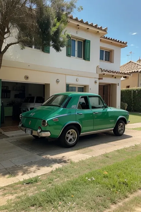 un coche deportivo con una casa lujosa en un prado verde