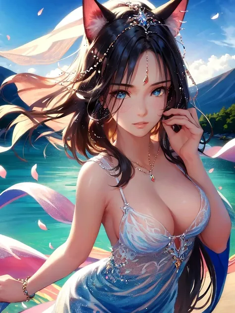 anime style, super fine illustration, highly detailed, dynamic angle, beautiful detailed, 8k, A girl is impressed by the cherry blossoms in Fuji-Hakone Izu National Park and the blue sky by the lakeside with Mt. Cherry blossom petals are dancing in the win...