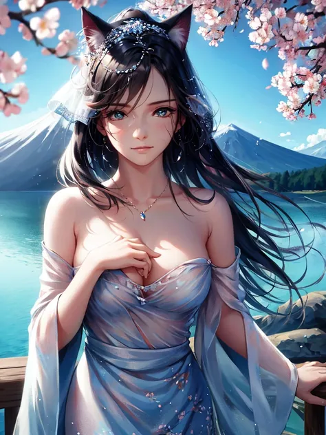 anime style, super fine illustration, highly detailed, dynamic angle, beautiful detailed, 8k, A girl is impressed by the cherry blossoms in Fuji-Hakone Izu National Park and the blue sky by the lakeside with Mt. Cherry blossom petals are dancing in the win...