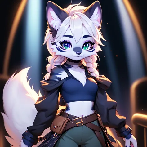 Solo, sfw, Young Female white fox-cat (((lean-body))) (((medium breasts))) (short snout),(((fur (black stripe) between neck and shoulder towards chest))) ((fur (black stripes) on waist))(ears are darker), (heterochromia (orange, violet)), (cat tail (black ...