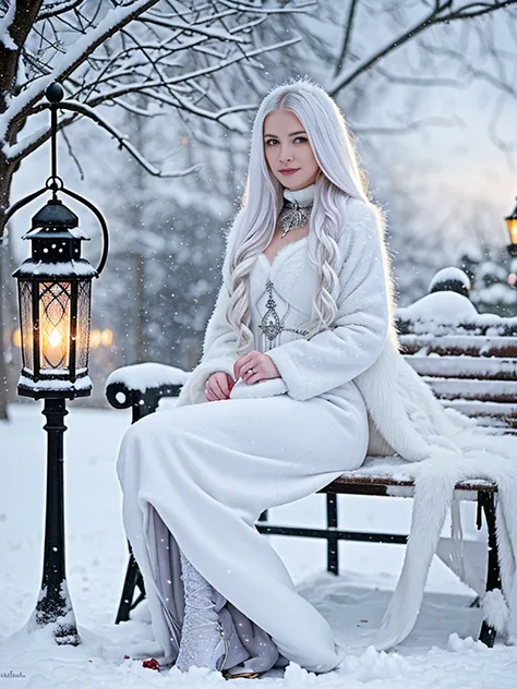 araffe sitting on a snowy bench with a lantern in her hand, in the snow, girl under lantern, inspired by Anne Stokes, in snow, only snow i the background, very long snow colored hair, full body:: snow outside::, in style of anne stokes, cold snow outside, ...