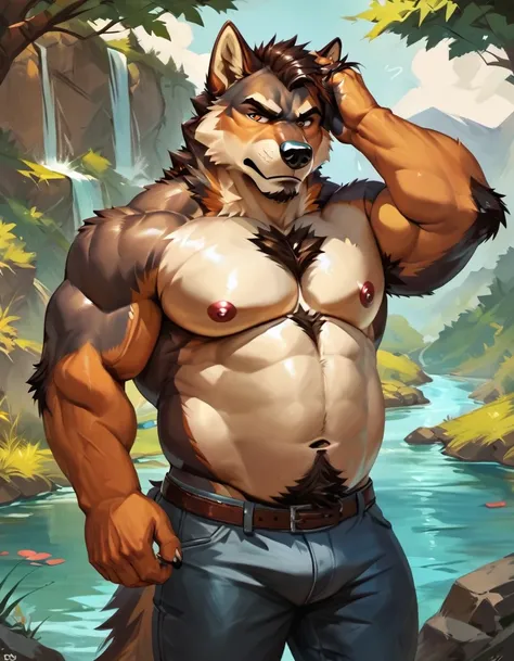 score_9, score_8_up, score_7_up, score_6_up, score_5_up, score_4_up, (solo), male anthro wolf, suggestive, sfw, dadbod, musclegut, pecs, nipples, body hair, annoyed face, hand on hair,pants, river