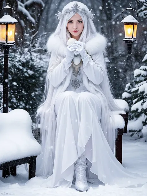 araffe sitting on a snowy bench with a lantern in her hand, in the snow, girl under lantern, inspired by Anne Stokes, in snow, only snow i the background, very long snow colored hair, full body:: snow outside::, in style of anne stokes, cold snow outside, ...