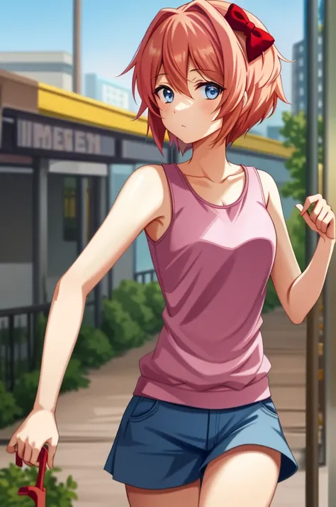 2d, masterpiece, best quality, anime, highly detailed, 1girl, solo, sayori, blue eyes, pink hair, short hair, hair bow, red bow, pink tank top, red panties, cowboy shot, looking at viewer, street city background