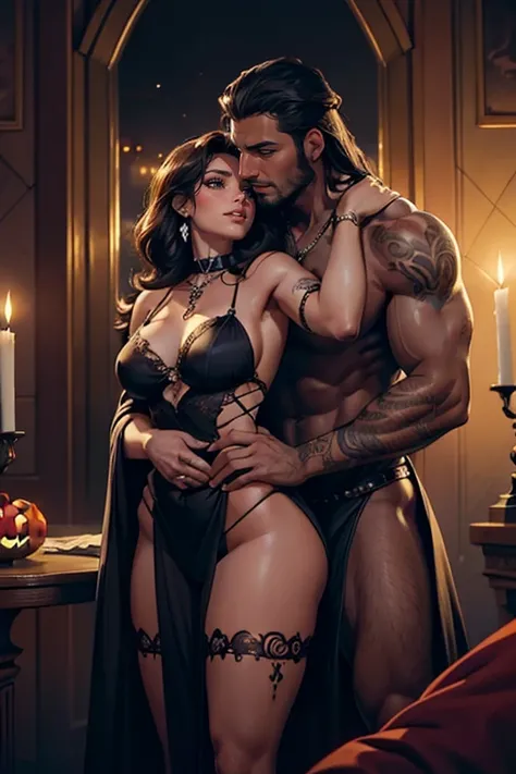 One Handsome short-haired tall huge barbarian beefy muscular Chad in center-of-composition hugging five beautiful bitches tackling him and touching him and feeling him and snuggling him,  dressed like goth punk witches, perfect bodies with nice asses, wome...