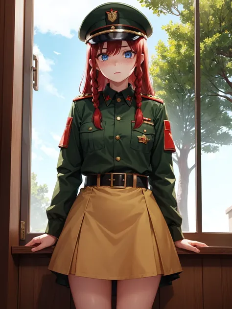 check_9, check_8_up, check_7_up, source_аниме BREAK 1girl, One,Soviet Military Uniform, soviet cap, belt, Red hair, braided hair, freckles, Look at the viewer, emotions, T_T, skirt, Blue eyes, window, tree