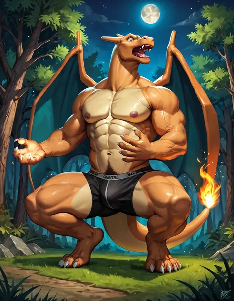 score_9, score_8_up, score_7_up, score_6_up, score_5_up, score_4_up, (solo), male charizard mid transformation, solo, masterpiece, best art, black underwear, detailed hands, forest, shocked expression, night, moon, looking at hands, crouching, muscular, bo...