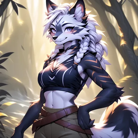 solo, sfw, young female white fox-cat (((lean-body))) (((medium breasts))) (short snout),(((fur (black stripe) between neck and ...