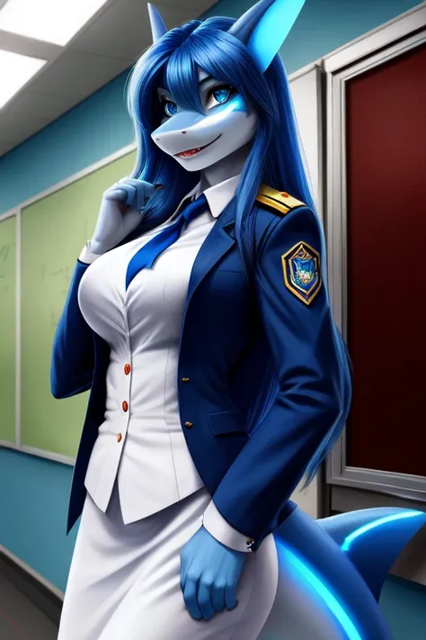 Female, anthro shark, shark furry, standing, perfect, realistic looking, fur body, fur all over, bioluminescent markings, very long hair, long blue hair, blue eyes, uniform school, full breast, blue body,